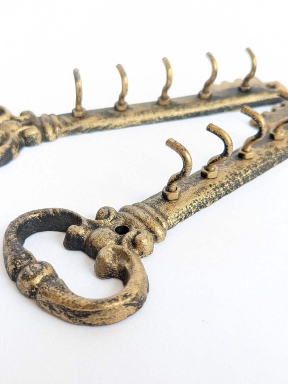Vintage Key Hooks: Cast Iron Antique Brass Wall Hangers - Set of 2 - Picture 6 of 7